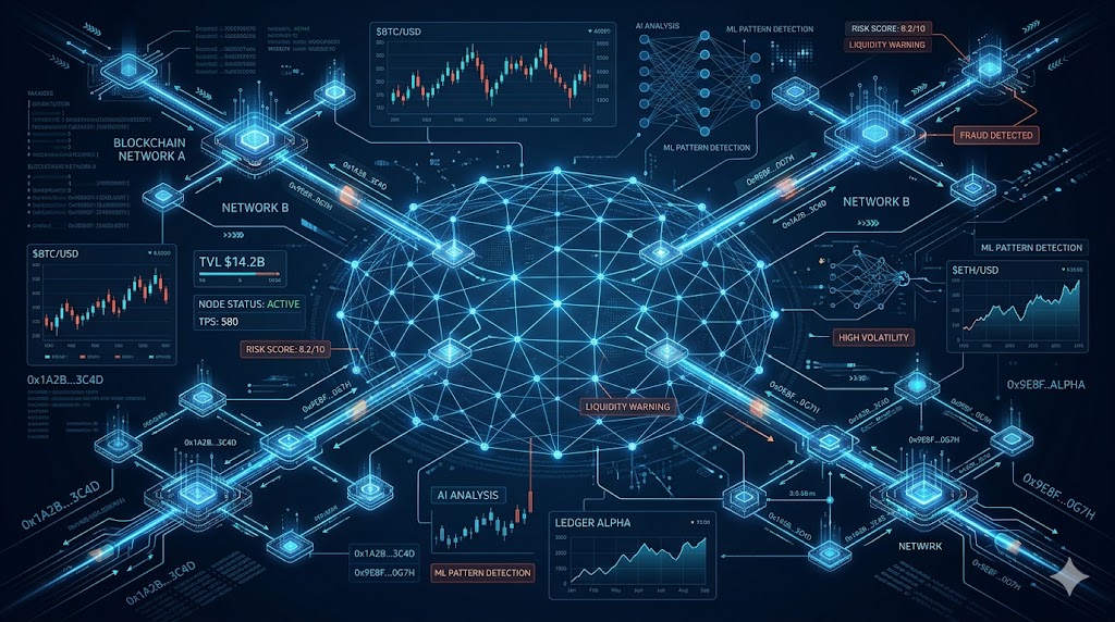 Illustration of interconnected blockchain networks with risk alerts and price charts