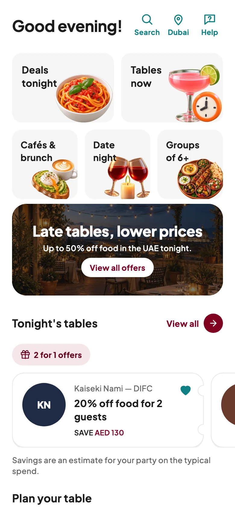 LastTable diner app on a phone showing tonight's deals, available tables and restaurants in Dubai.